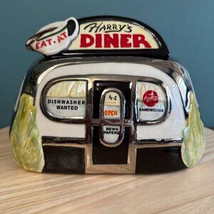 Vintage Henry Cavanagh Harrys Diner Ceramic Cookie Jar Retro Black & White EUC
